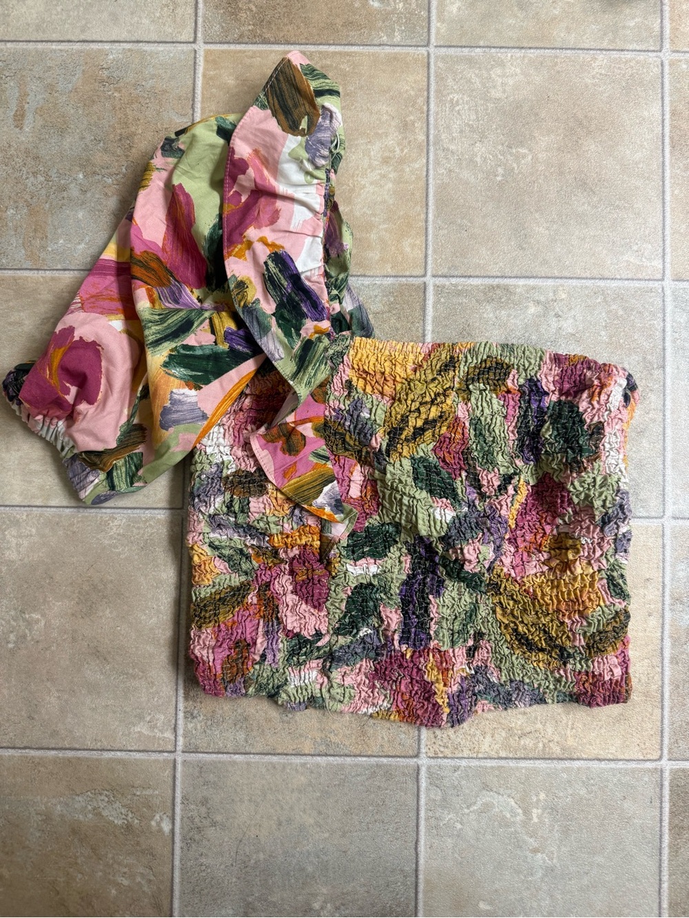 Zara Floral Tube Top one ruffle shoulder - Pink Green Yellow Women’s Size Medium